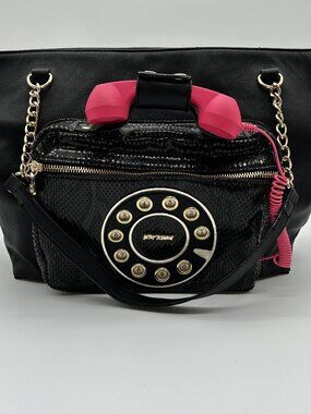 Betsey Johnson Hold Please Telephone Tote Bag - Black Snake Embossed Kitsch